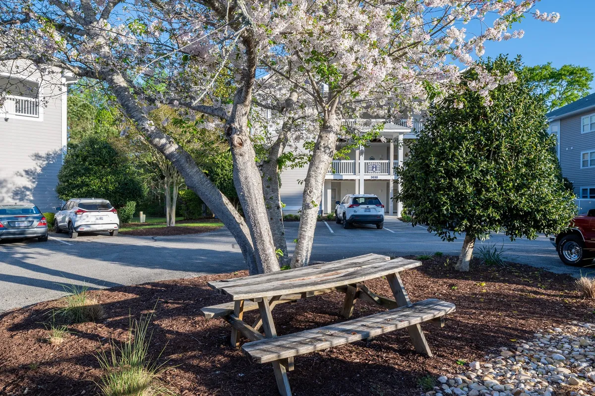 A landscaped outdoor area featuring a picnic table beneath a flowering tree, with vibrant greenery and space for gathering or solitary reflection. The scene feels inviting and peaceful, encouraging moments of connection with nature.